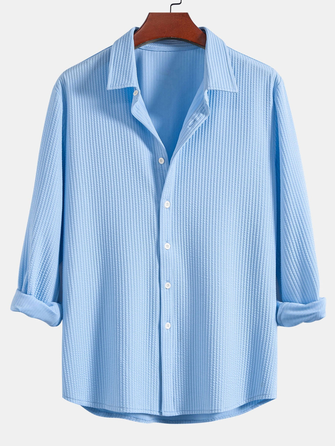 Ribbed Button-Up Shirt with Long Sleeves & Straight Leg Muscle Fit Pants