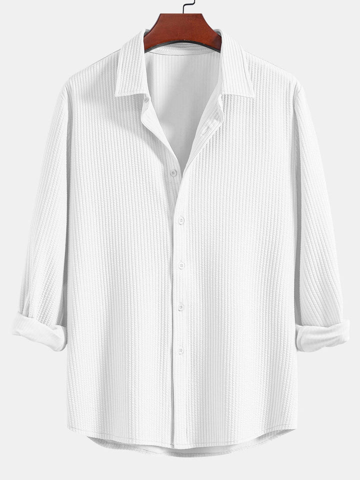 Ribbed Button-Up Shirt with Long Sleeves & Straight Leg Muscle Fit Pants