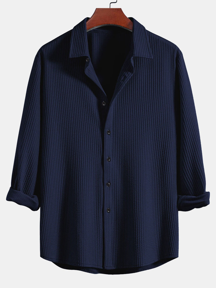 Ribbed Button-Up Shirt with Long Sleeves & Straight Leg Muscle Fit Pants