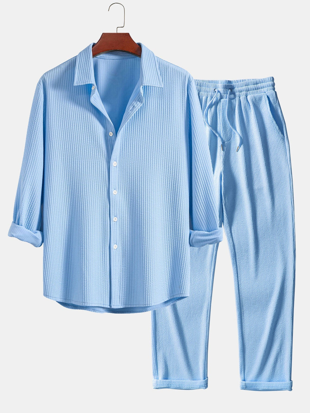 Ribbed Button-Up Shirt with Long Sleeves & Straight Leg Muscle Fit Pants