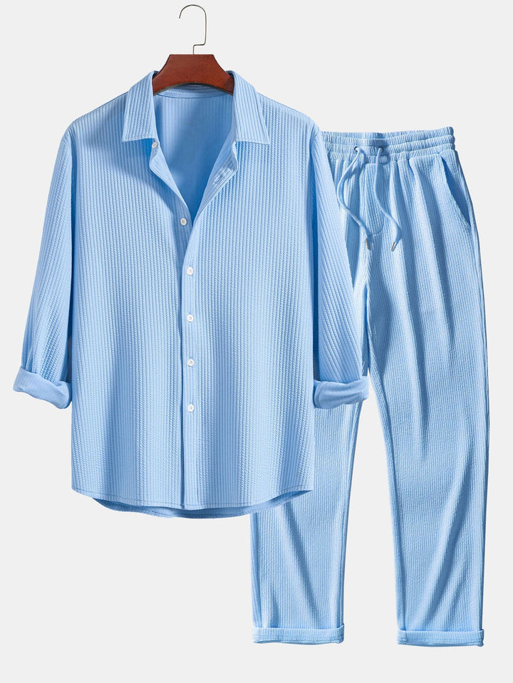 Ribbed Button-Up Shirt with Long Sleeves & Straight Leg Muscle Fit Pants