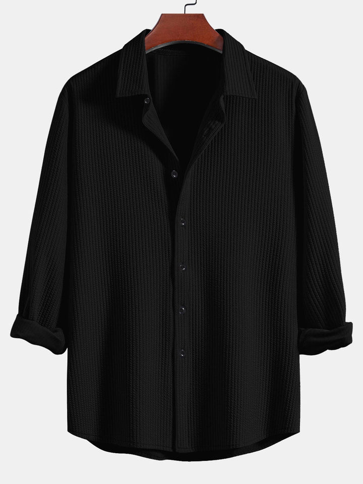Ribbed Button-Up Shirt with Long Sleeves & Straight Leg Muscle Fit Pants