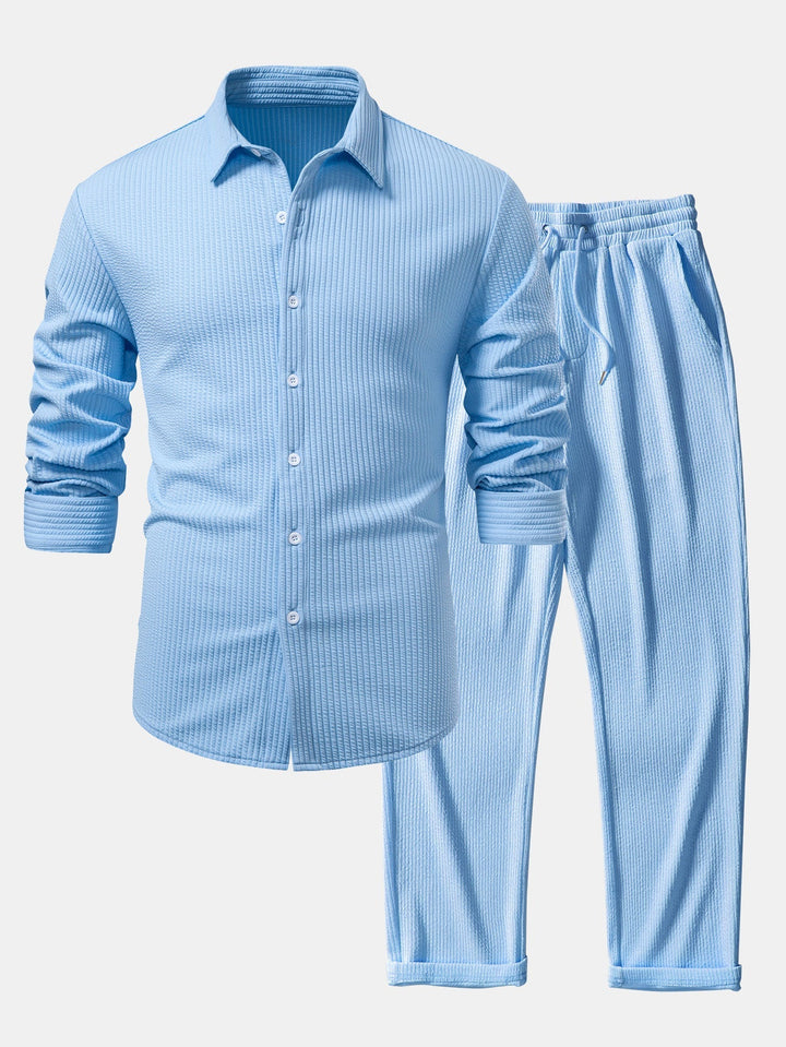 Muscle Fit Ribbed Long Sleeve Shirt with Buttoned Straight Leg Pants
