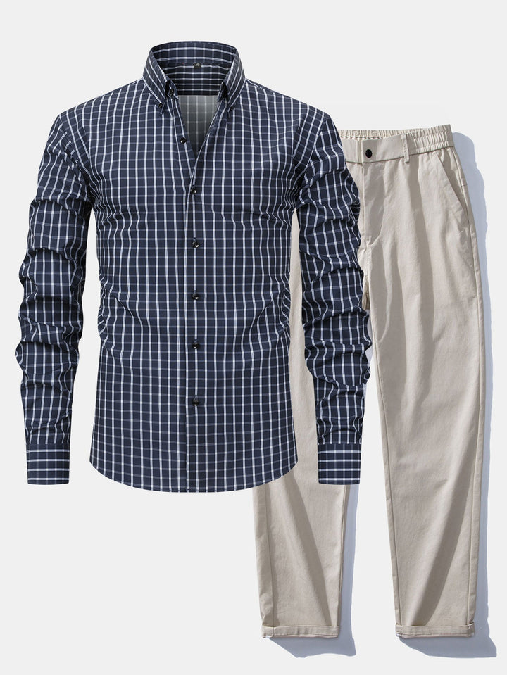 Checkered Long Sleeve Shirt with Buttons & Elastic Waist Straight Leg Pants
