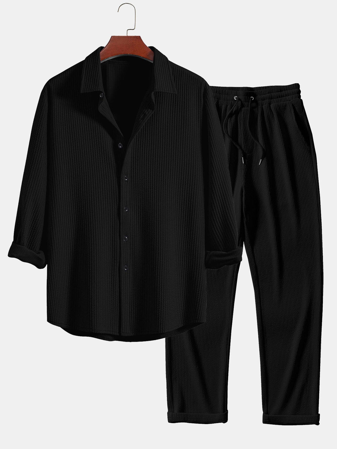 Ribbed Button-Up Shirt with Long Sleeves & Straight Leg Muscle Fit Pants