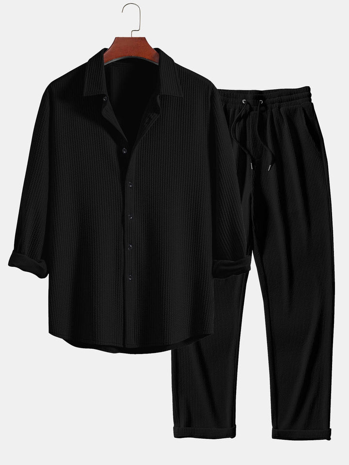 Ribbed Button-Up Shirt with Long Sleeves & Straight Leg Muscle Fit Pants