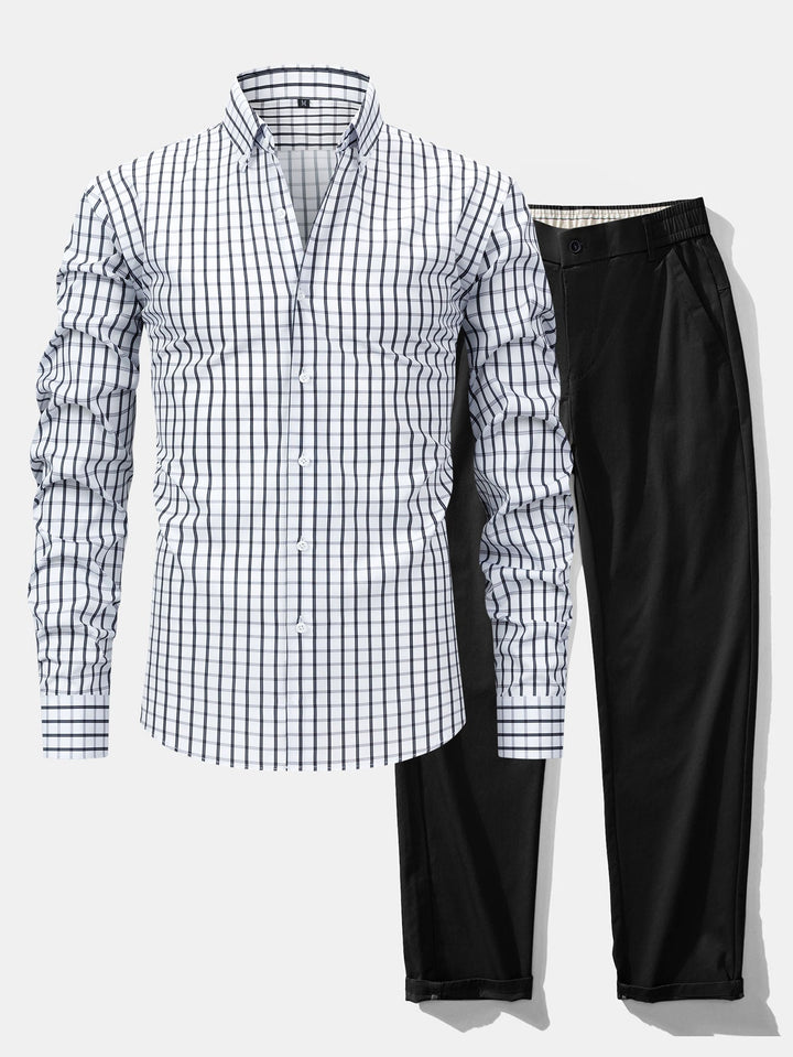 Checkered Long Sleeve Shirt with Buttons & Elastic Waist Straight Leg Pants