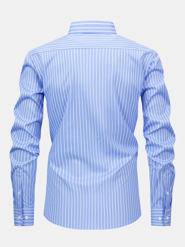 Button-Up Striped Long Sleeve Shirt and Elastic Waist Straight Pants
