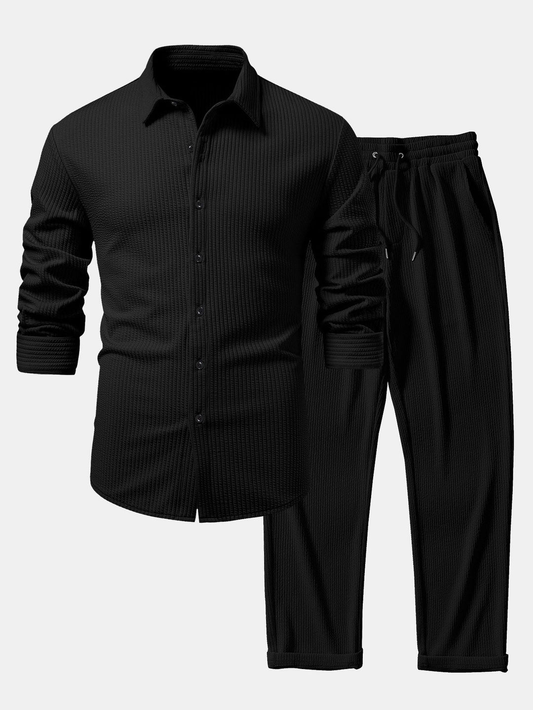 Muscle Fit Ribbed Long Sleeve Shirt with Buttoned Straight Leg Pants