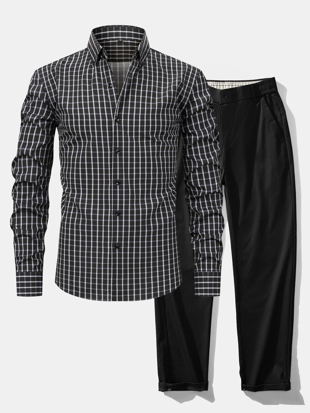 Checkered Long Sleeve Shirt with Buttons & Elastic Waist Straight Leg Pants