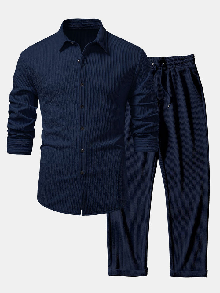 Muscle Fit Ribbed Long Sleeve Shirt with Buttoned Straight Leg Pants