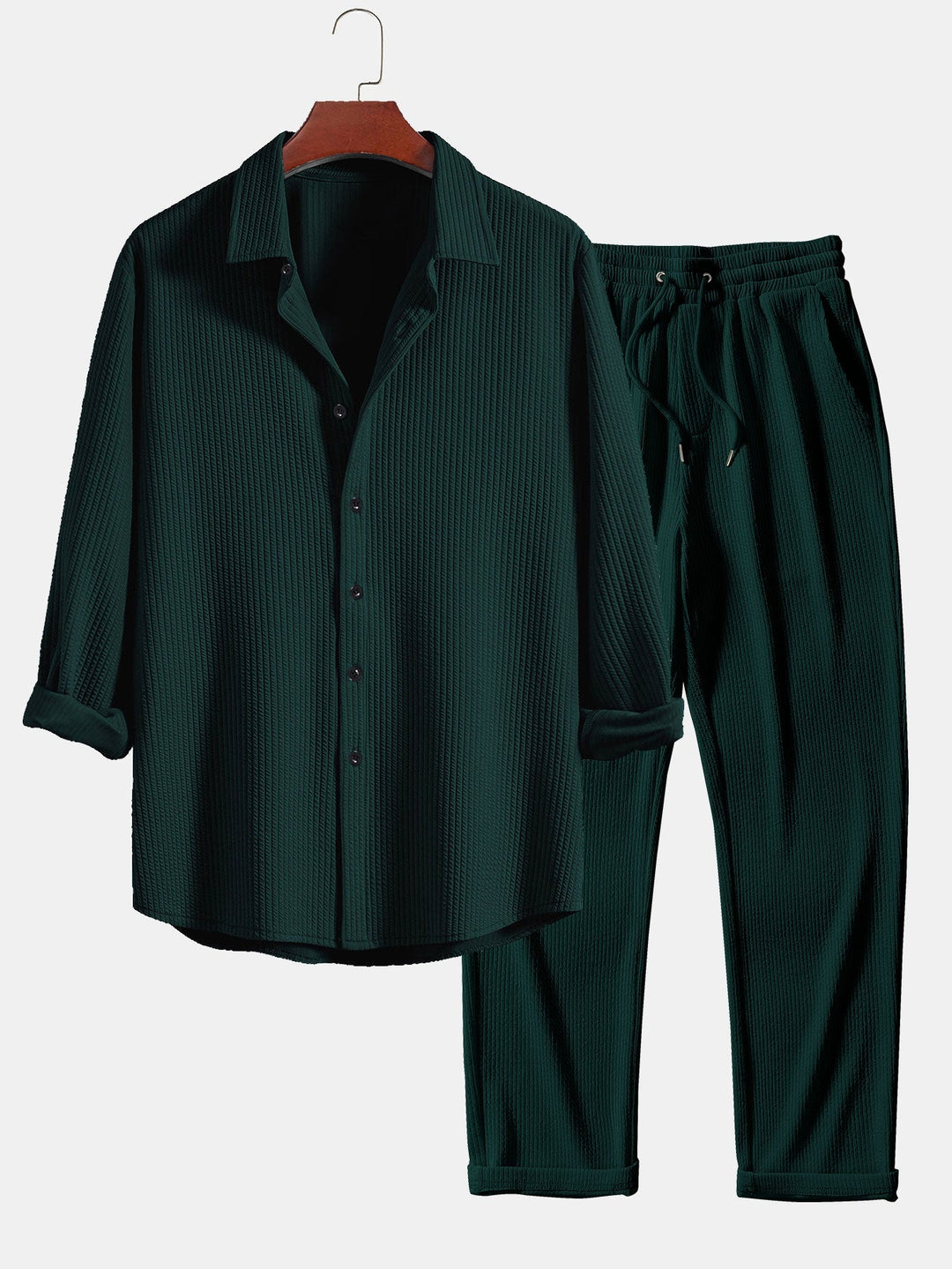 Ribbed Button-Up Shirt with Long Sleeves & Straight Leg Muscle Fit Pants