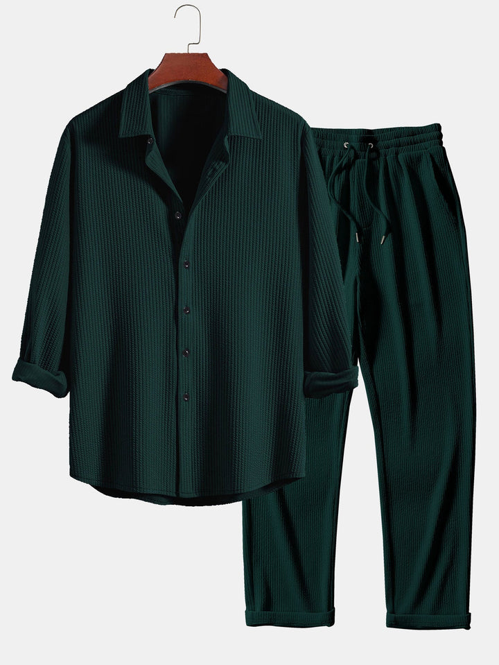 Ribbed Button-Up Shirt with Long Sleeves & Straight Leg Muscle Fit Pants