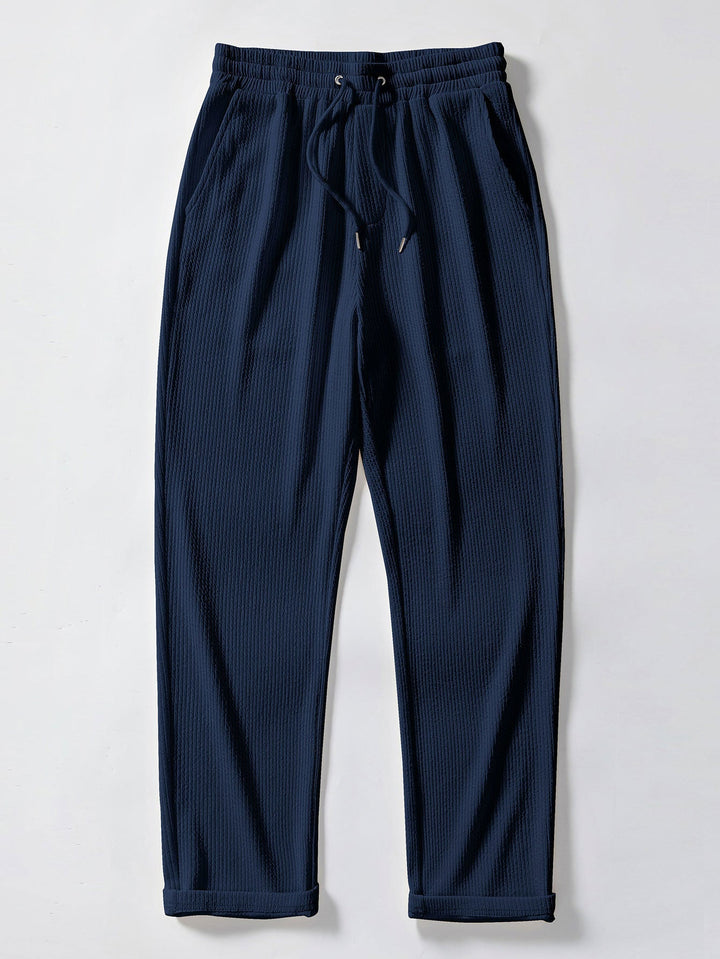 Ribbed Button-Up Shirt with Long Sleeves & Straight Leg Muscle Fit Pants
