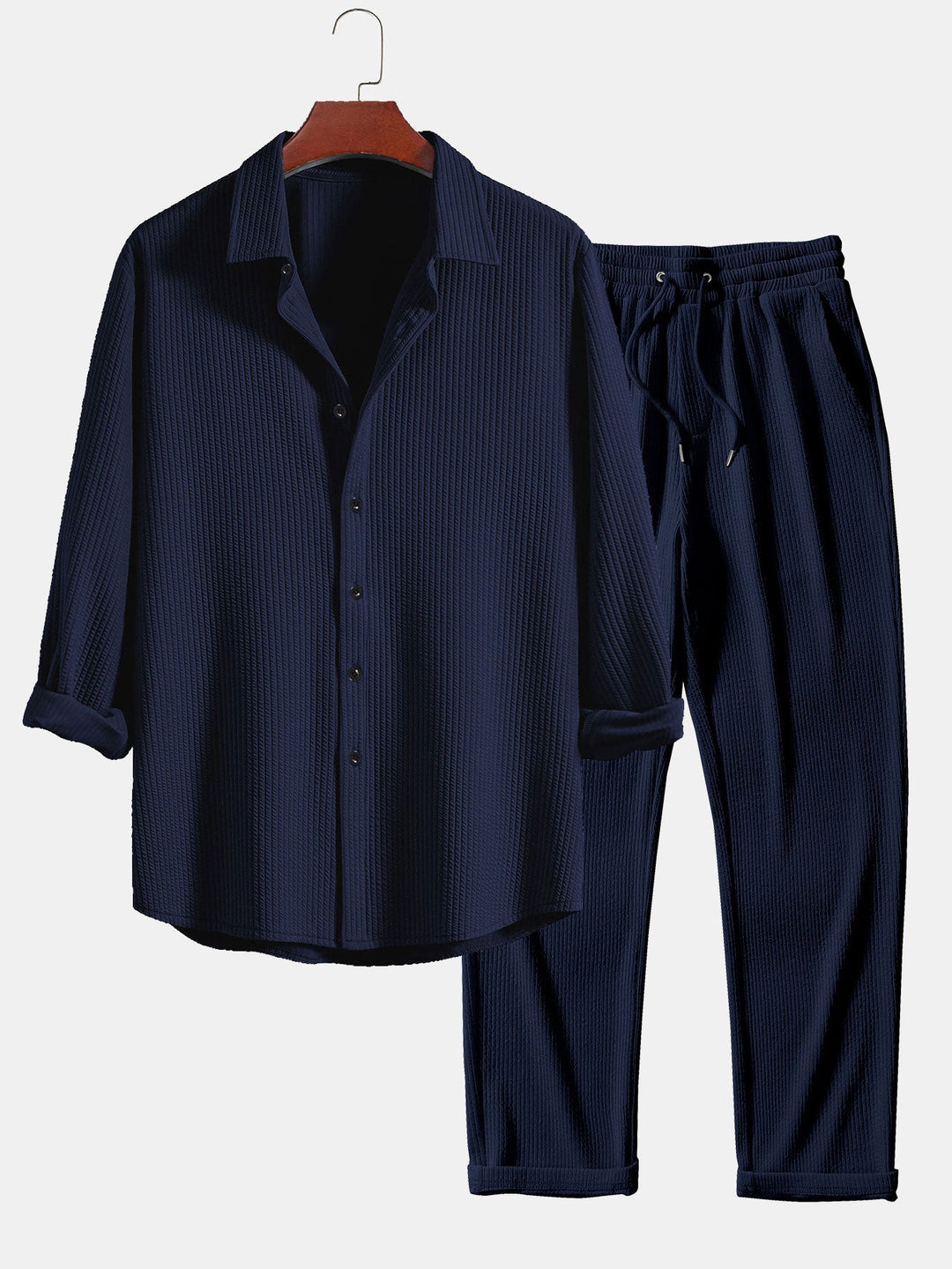 Ribbed Button-Up Shirt with Long Sleeves & Straight Leg Muscle Fit Pants