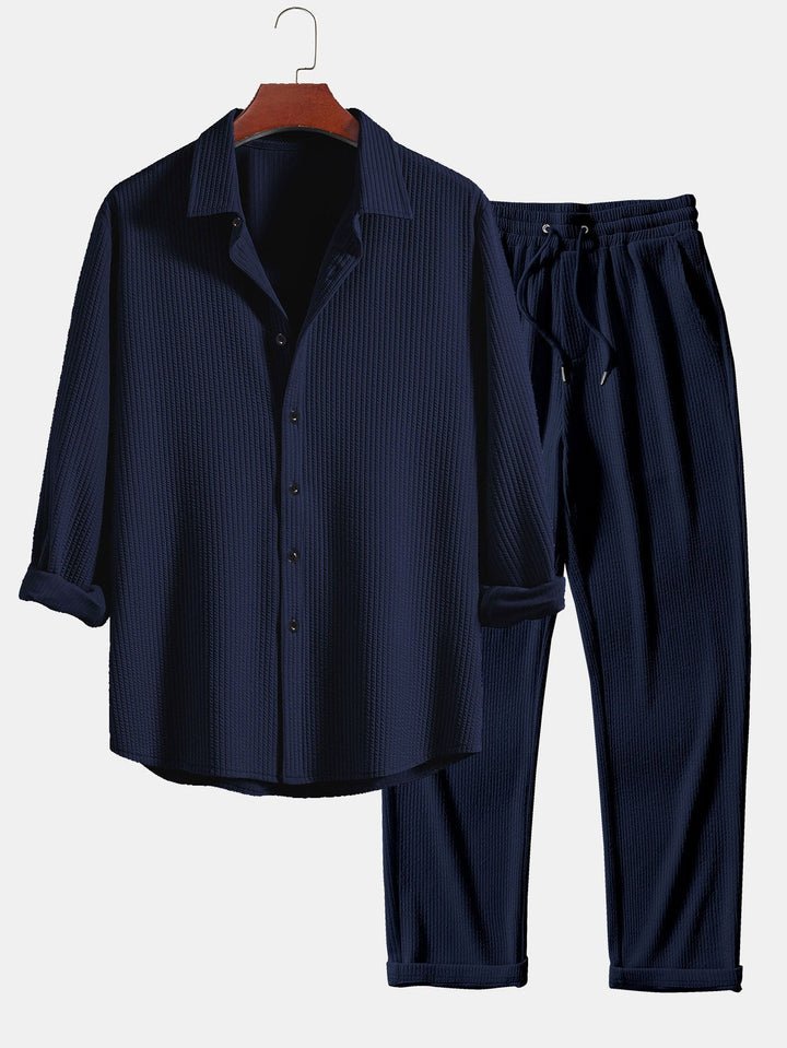 Ribbed Button-Up Shirt with Long Sleeves & Straight Leg Muscle Fit Pants