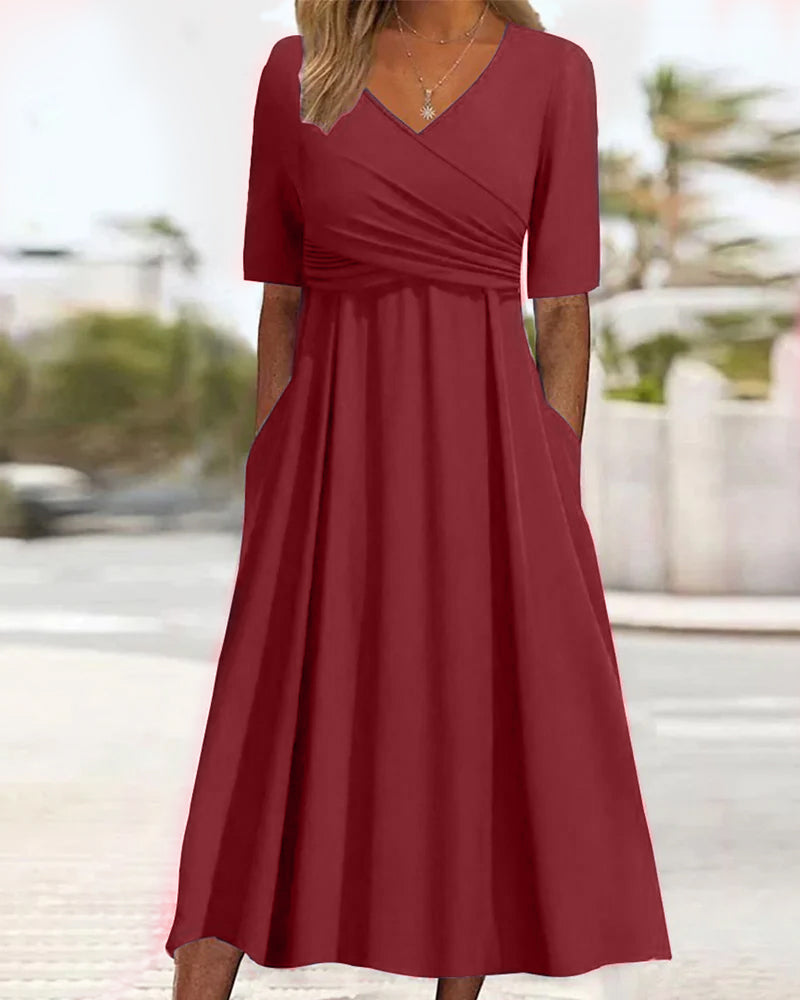 Short-Sleeved Crossover Dress in Cherry.