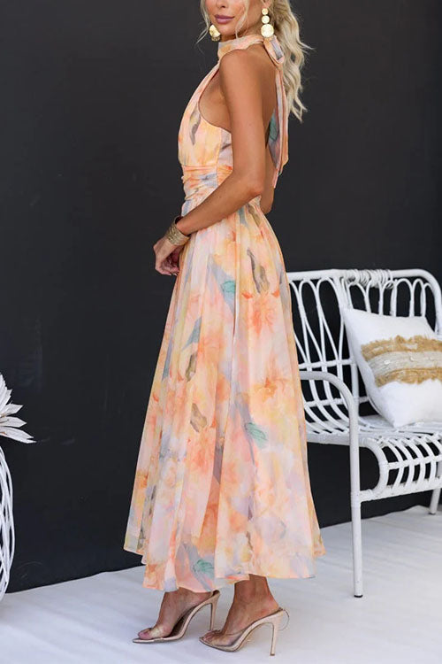 Watercolor Print Maxi Dress with Open Seams and Elegant Lace Empire Design