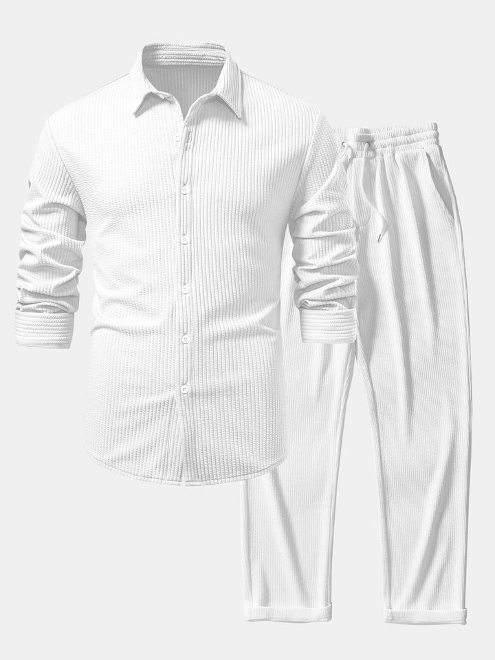 Muscle Fit Ribbed Long Sleeve Shirt with Buttoned Straight Leg Pants