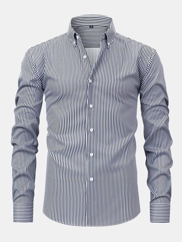 Button-Up Striped Long Sleeve Shirt & Elastic Waist Straight Leg Pants