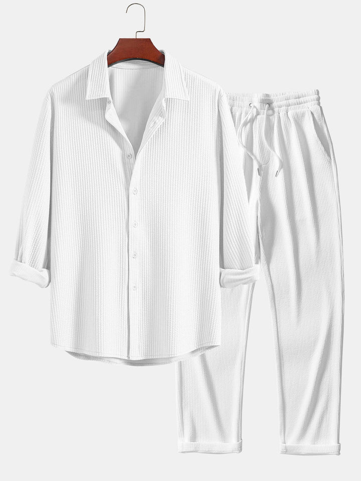 Ribbed Button-Up Shirt with Long Sleeves & Straight Leg Muscle Fit Pants
