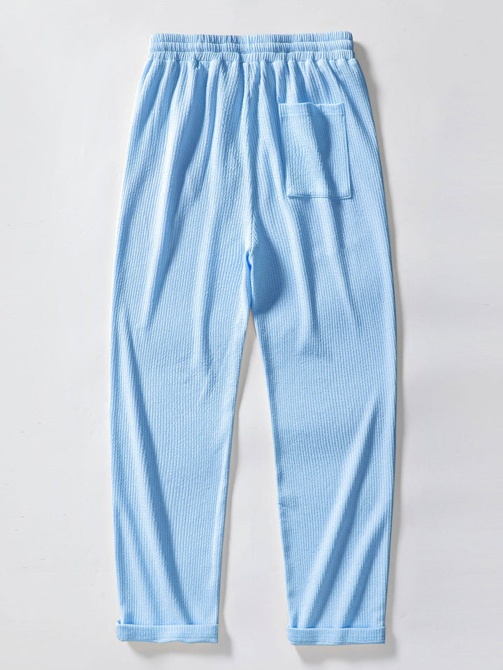 Ribbed Button-Up Shirt with Long Sleeves & Straight Leg Muscle Fit Pants