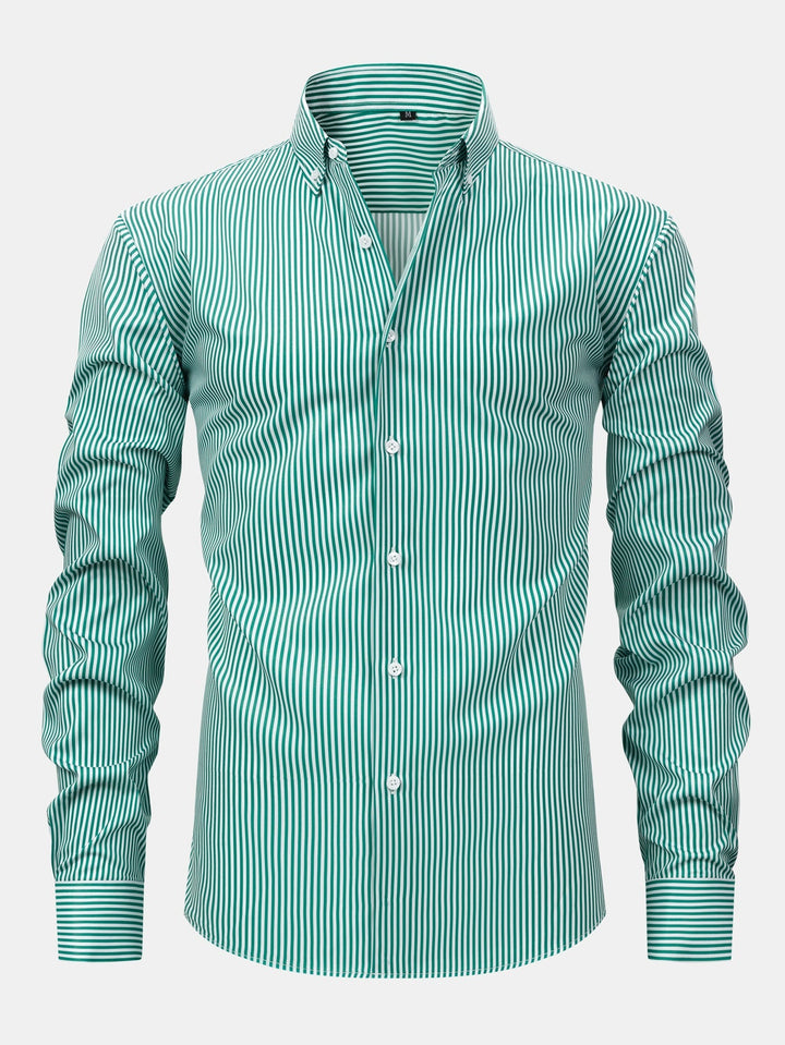 Button-Up Striped Long Sleeve Shirt & Elastic Waist Straight Leg Pants