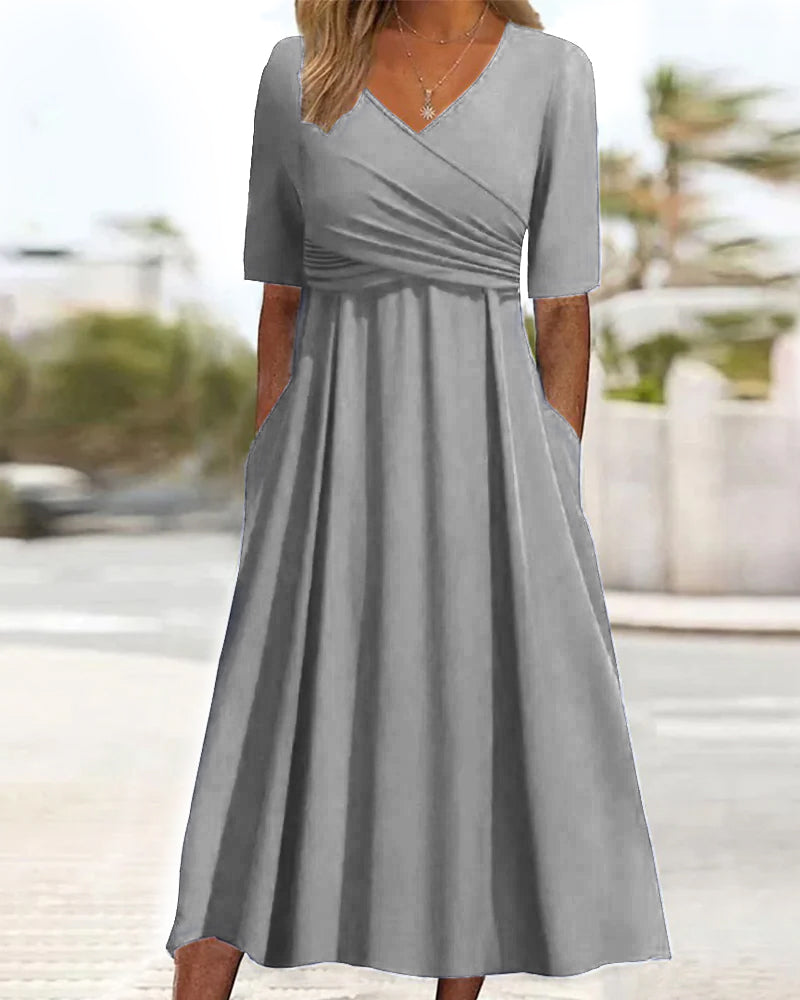 Short-Sleeved Crossover Dress in Cherry.