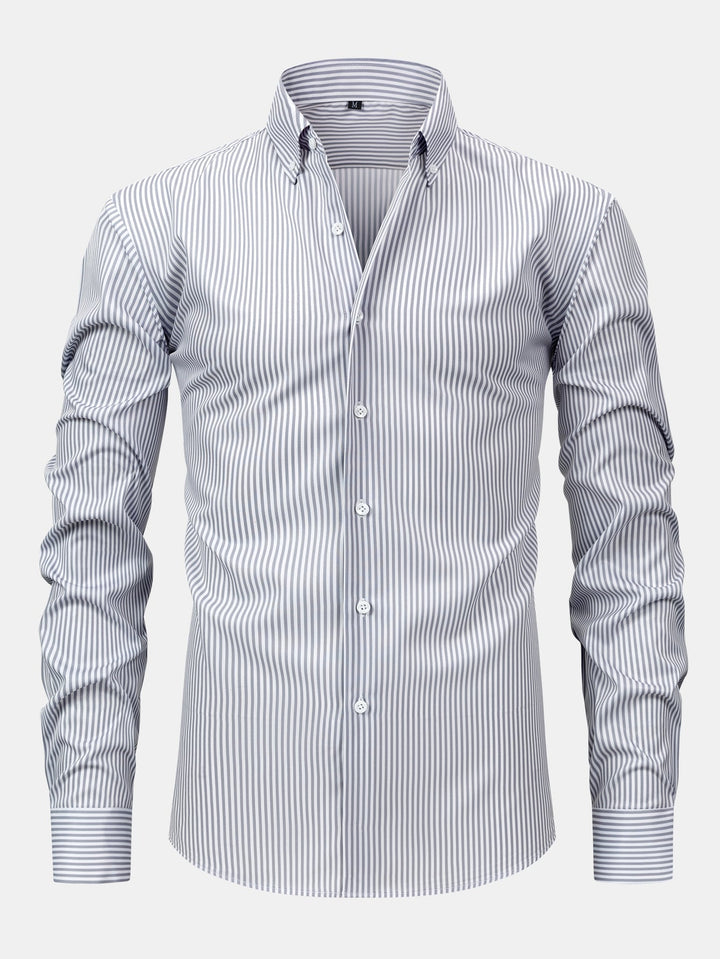 Button-Up Striped Long Sleeve Shirt & Elastic Waist Straight Leg Pants