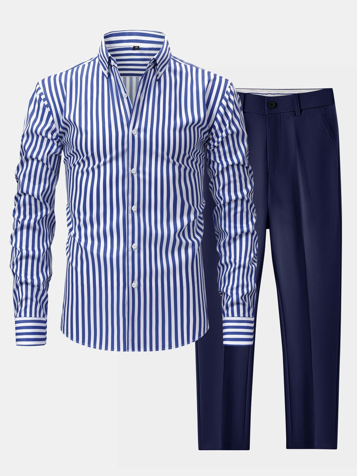 Slim Fit Tapered Pants with Buttons & Long Sleeve Striped Shirt