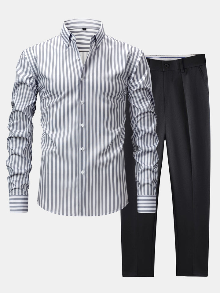 Slim Fit Tapered Pants with Buttons & Long Sleeve Striped Shirt