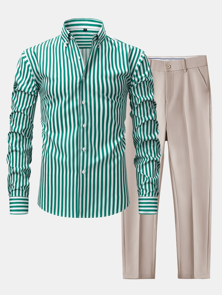 Slim Fit Tapered Pants with Buttons & Long Sleeve Striped Shirt