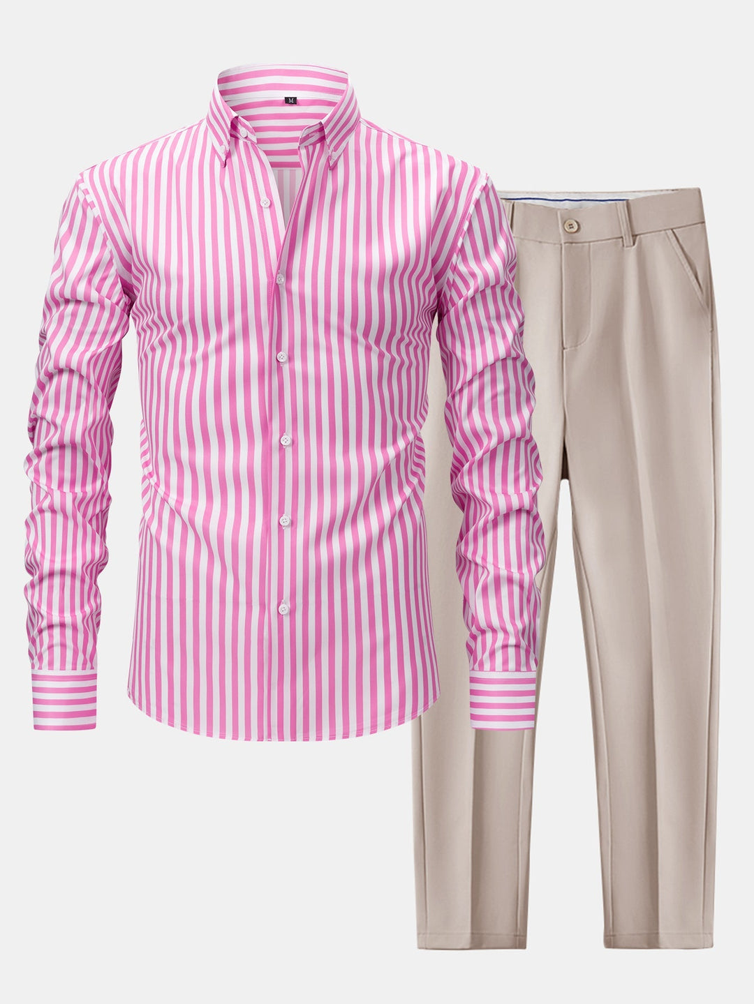 Slim Fit Tapered Pants with Buttons & Long Sleeve Striped Shirt