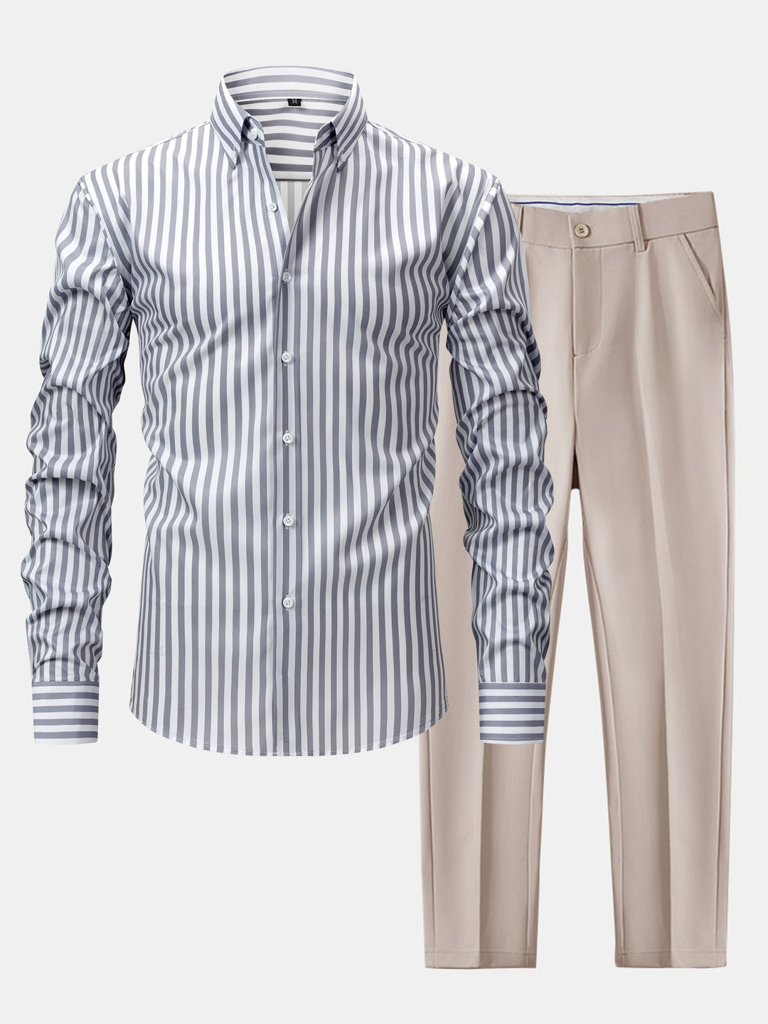 Slim Fit Tapered Pants with Buttons & Long Sleeve Striped Shirt