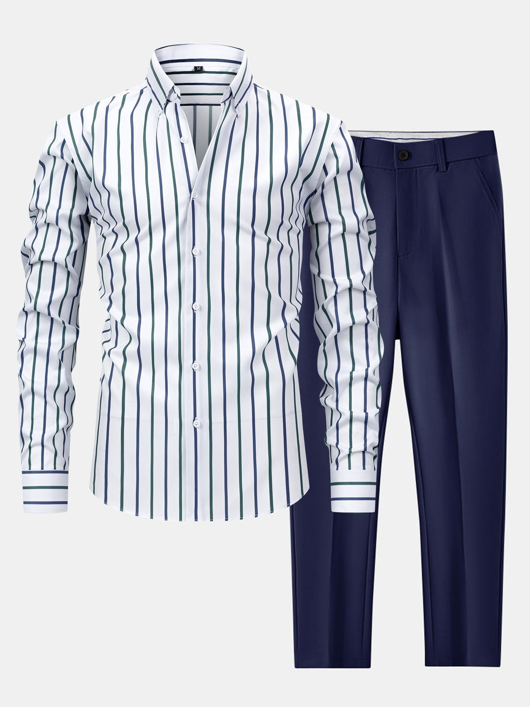 Slim Fit Tapered Pants with Buttons & Striped Long Sleeve Shirt