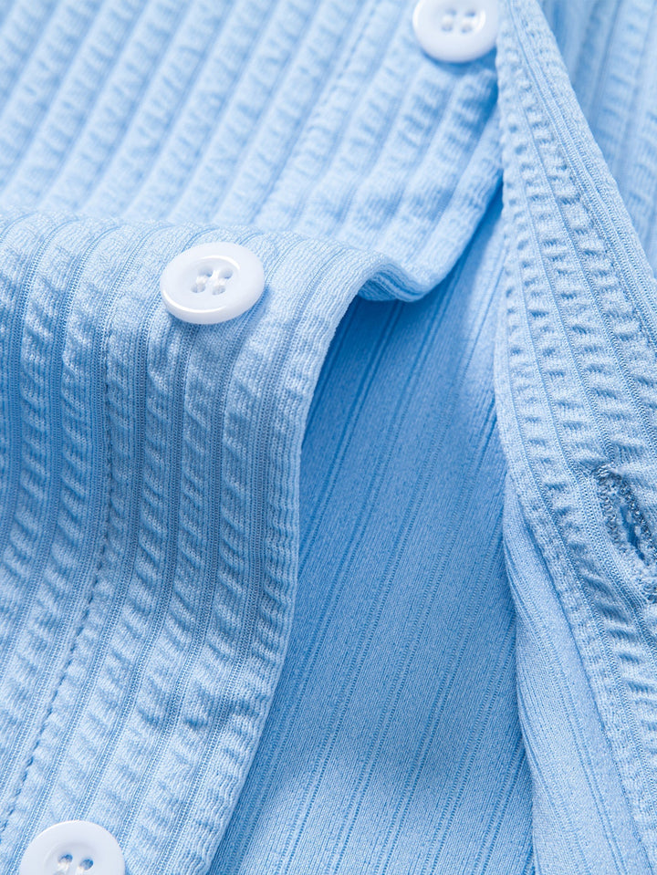 Muscle Fit Button-Up Shirt with Long Sleeve and Ribbed Design