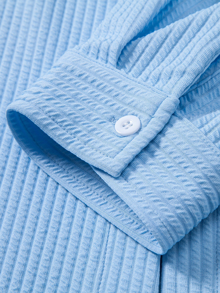 Muscle Fit Button-Up Shirt with Long Sleeve and Ribbed Design