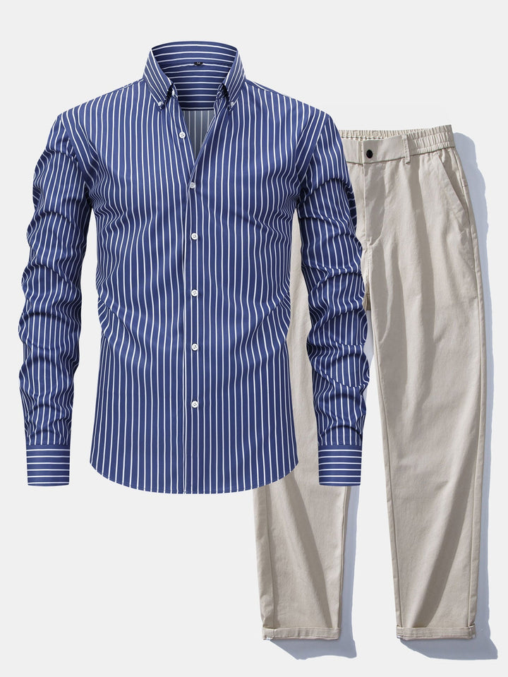 Button-Up Striped Long Sleeve Shirt and Elastic Waist Straight Pants