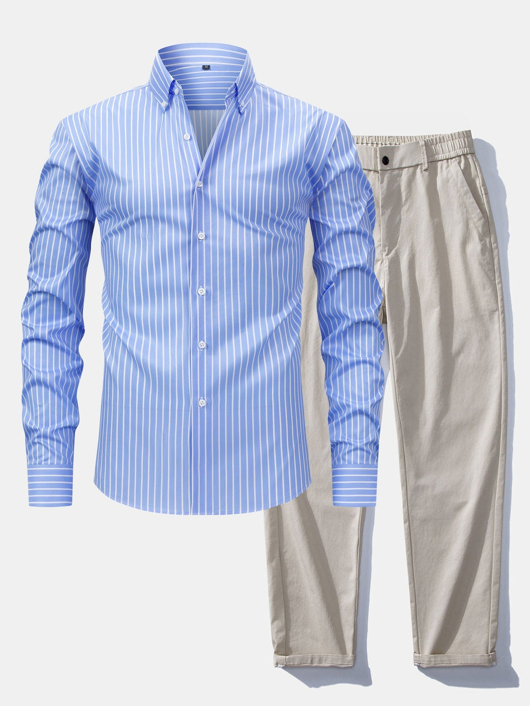 Button-Up Striped Long Sleeve Shirt and Elastic Waist Straight Pants