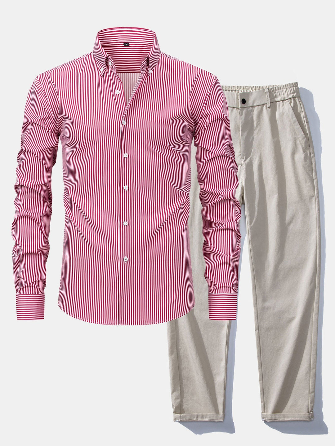 Button-Up Striped Long Sleeve Shirt & Elastic Waist Straight Leg Pants