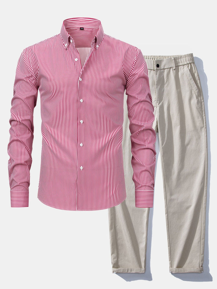 Button-Up Striped Long Sleeve Shirt & Elastic Waist Straight Leg Pants