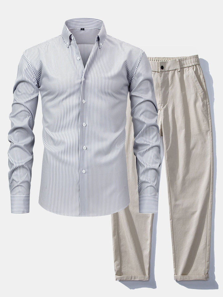 Button-Up Striped Long Sleeve Shirt & Elastic Waist Straight Leg Pants