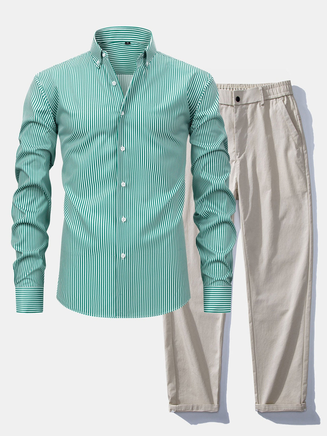 Button-Up Striped Long Sleeve Shirt & Elastic Waist Straight Leg Pants