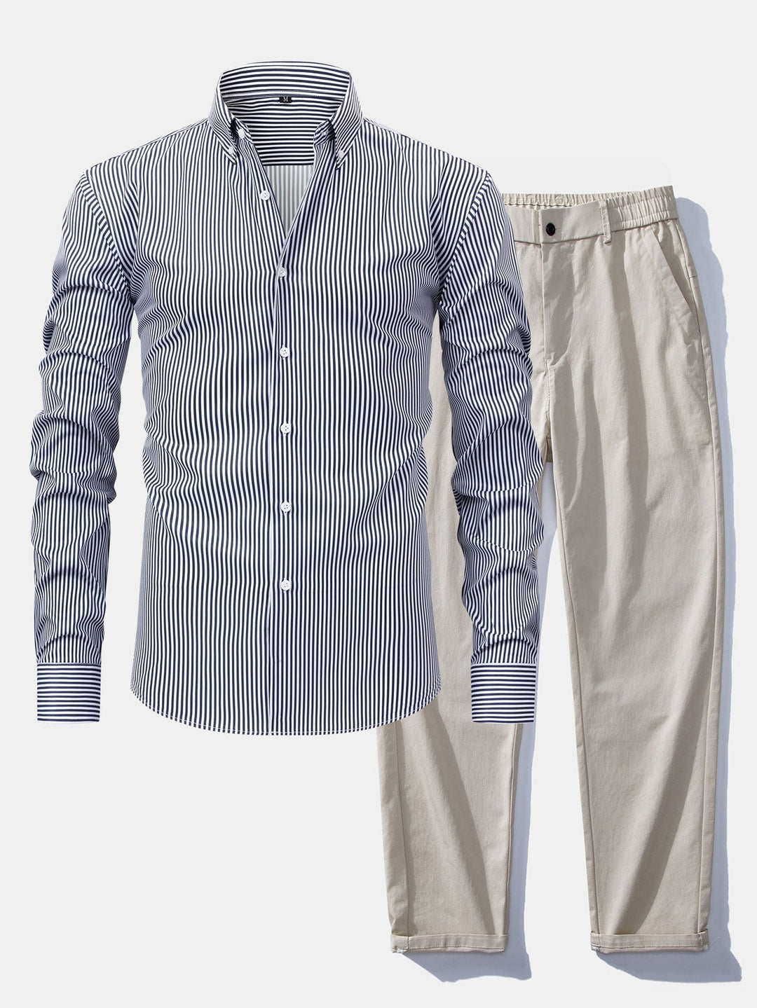 Button-Up Striped Long Sleeve Shirt & Elastic Waist Straight Leg Pants