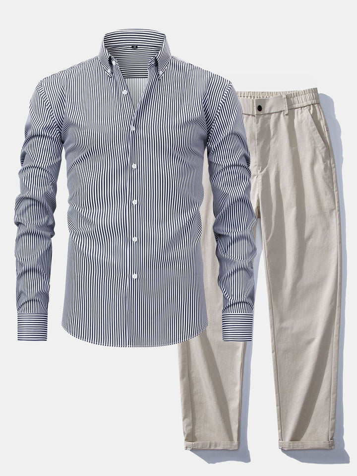 Button-Up Striped Long Sleeve Shirt & Elastic Waist Straight Leg Pants