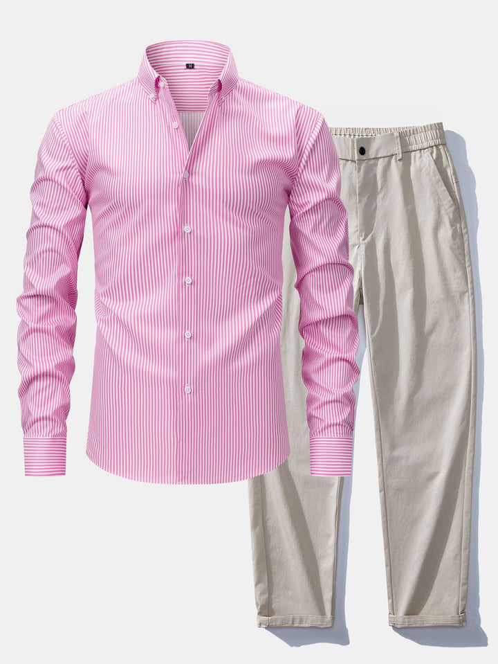 Button-Up Striped Long Sleeve Shirt & Elastic Waist Straight Leg Pants
