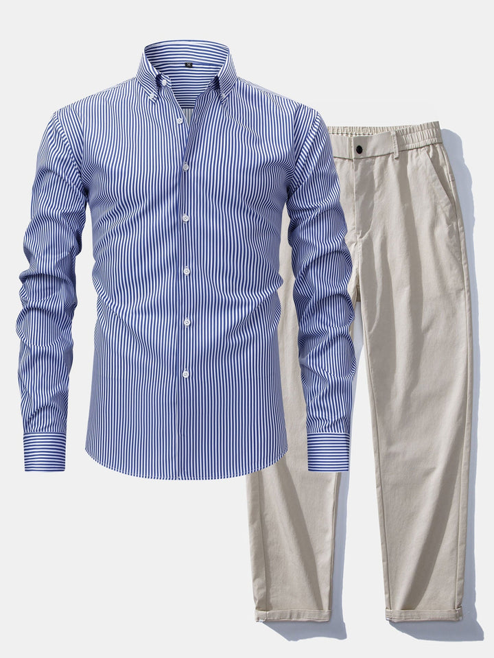 Button-Up Striped Long Sleeve Shirt & Elastic Waist Straight Leg Pants