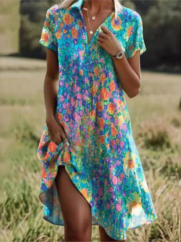 Floral Buttoned Dress with Stylish V-neck by Carla™