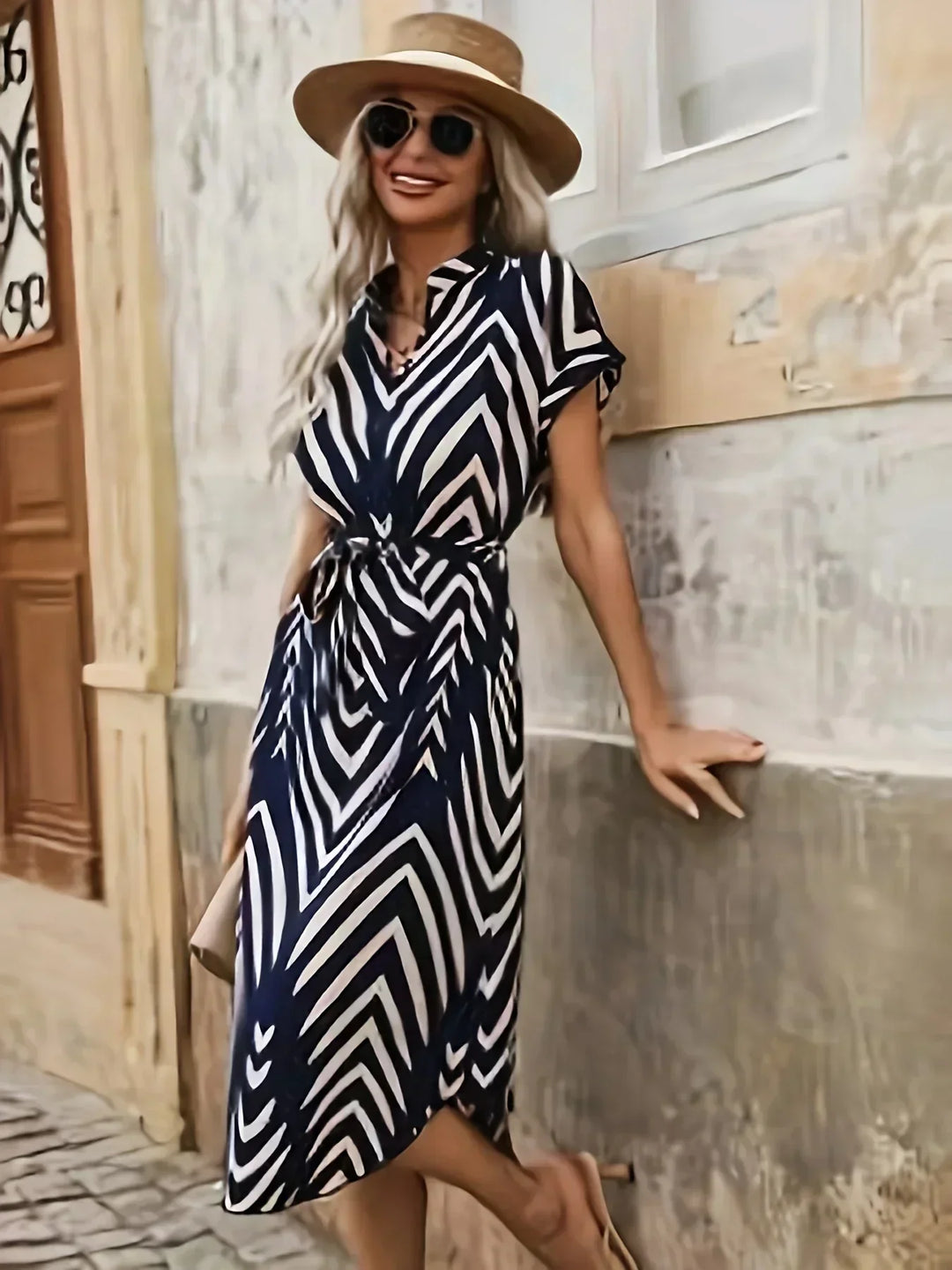 Elly | Tie Belt Geometric Print Dress