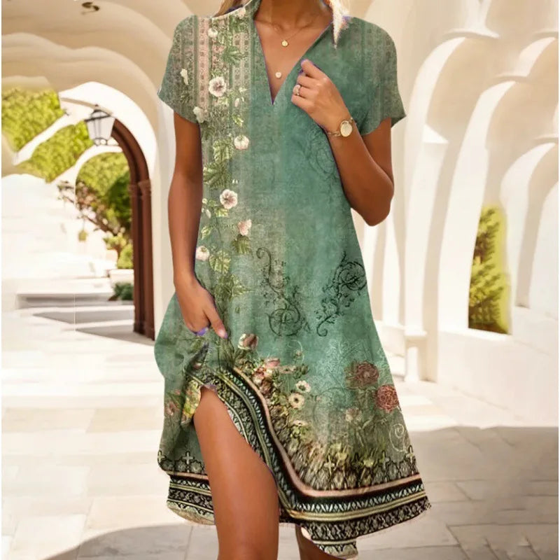 Floral Buttoned Dress with Stylish V-neck by Carla™